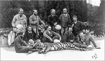  ??  ?? Le prince de Galles au retour d’une chasse au tigre (ci-dessus) et la manière de dépouiller l’animal dixit Rowland Ward en 1891 (ci-contre).
