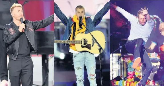  ??  ?? > Security will be tight when Take That, Justin Bieber and Coldplay, pictured left to right, play huge concerts in Wales this year. Above, the artists are pictured performing at the One Love Manchester concert on Sunday