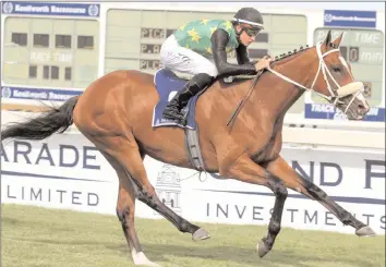  ??  ?? The Joey Ramsden-trained ACT OF WAR, with Bernard Fayd’Herbe up, cruises past the the winning post to take the honours in the Gr 1 Grand Parade Cape Guineas at Kenilworth this past Saturday. Picture: LIESL KING