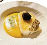  ?? ?? ODE TO ALIGUE Sea bass drenched in crab fat with spiced raisin and Oscietra caviar*