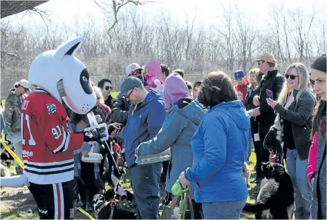  ?? ALLAN BENNER/STANDARD STAFF ?? Bones, the Ice Dogs mascot, talks to dog owners prior to the Easter Egg Hunt for Dogs, on Friday in St. Catharines.