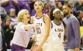  ?? DERICK HINGLE/AP ?? LSU head coach Kim Mulkey talks with forward Angel Reese during the second half against Georgia on Feb. 2 in Baton Rouge, Louisiana.