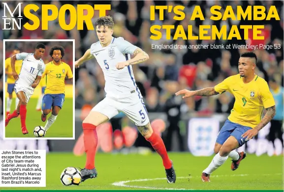  ??  ?? John Stones tries to escape the attentions of City team-mate Gabriel Jesus during last night’s match and, inset, United’s Marcus Rashford breaks away from Brazil’s Marcelo