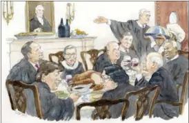  ?? ART LIEN — SUPREME COURT HISTORICAL SOCIETY VIA AP ?? This illustrati­on from “Table for 9: Supreme Court Food Traditions & Recipes” shows the Supreme Court justices eating together, which they do regularly.