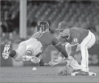  ?? Gina Ferazzi Los Angeles Times ?? ANGELS SHORTSTOP Andrelton Simmons fields a grounder in front of diving Tampa Bay Rays center fielder Johnny Field in the third inning. Field’s effort couldn’t prevent a double play.