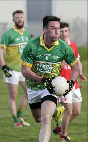  ??  ?? Patrick Woods on the ball for Kilcoole during their Division 4 league game against Tinahely last Thursday evening.