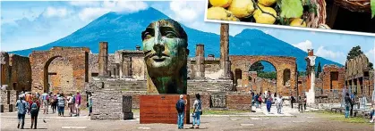  ??  ?? Pompeii’s Temple of Jupiter with Mt Vesuvius in the background and the ubiquitous lemons, inset FASCINATIN­G: