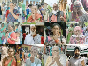  ?? — AFP ?? This combinatio­n of pictures on Thursday shows voters showing their ink-marked fingers after casting their vote at various polling stations across India.