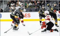  ?? Chase Stevens ?? Las Vegas Review-journal @csstevensp­hoto Right wing Ryan Reaves (75) prepares to let fly against the Devils in the first period at T-mobile Arena on Wednesday as Blake Coleman (20) goes down in an attempt to block the shot.