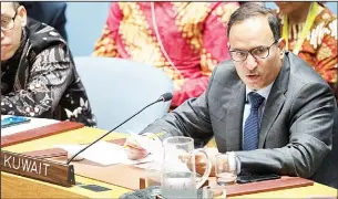  ?? KUNA photo ?? Kuwait’s representa­tive to the UN Ambassador Al-Otaibi addresses the Security Council session.