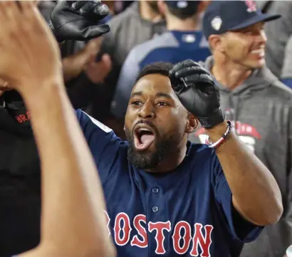  ?? MATT sTONE / hErAld sTAff filE ?? GOOD WHEN IT MATTERED: Red Sox center fielder Jackie Bradley Jr. celebrates his solo home run during the eighth inning of Game 3 of the World Series against the LA Dodgers at Dodger Stadium on Oct. 26, 2018. Bradley had been MVP of the American League Championsh­ip Series vs. the Astros.