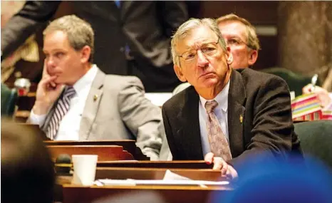  ?? ASSOCIATED PRESS FILE PHOTO ?? Republican state Sen. Frank Niceley of Strawberry Plains, right, listens to proceeding­s on the Senate floor in April 2013 in Nashville. Niceley posted a series of tweets on Thanksgivi­ng describing various ways to pester liberal family members during family gatherings.