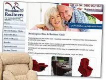  ??  ?? CLAIMS: One of the firm’s seats and, top, the Westminste­r Recliners website