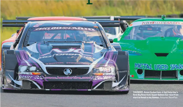  ?? Pictures: RacePics ?? THUNDER. Amos Cockerham Jr led Saturday’s first Big Boss Auto Super Saloon Car race from start to finish in his Holden.