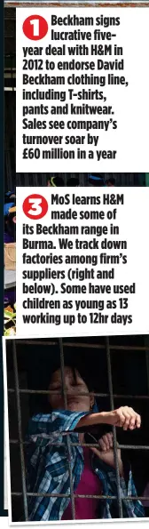  ??  ?? 1 Beckham signs lucrative fiveyear deal with H&amp;M in 2012 to endorse David Beckham clothing line, including T-shirts, pants and knitwear. Sales see company’s turnover soar by £60 million in a year 3 MoS learns H&amp;M made some of its Beckham range in Burma. We track down factories among firm’s suppliers (right and below). Some have used children as young as 13 working up to 12hr days