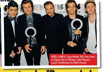  ??  ?? HEEL LINKS: Zayn Malik. BO: Van links is Zayn, Harry Styles, Liam Payne, Louis Tomlinson en Niall Horan.