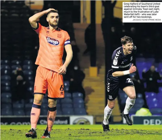  ?? JACQUES FEENEY/PRIME MEDIA ?? Greg Halford of Southend United celebratin­g his team’s third goal against Grimsby Town last night, much to the frustratio­n of Luke Waterfall (left) - who was later sent off for two bookings.