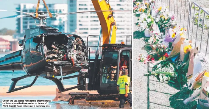  ?? ?? One of the Sea World Helicopter­s after the fatal collision above the Broadwater on January 2, 2023; (inset) floral tributes at a memorial site.