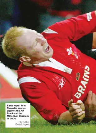  ?? PICTURE: Getty Images ?? Early hope: Tom Shanklin scores against the All Blacks at the Millenium Stadium in 2004