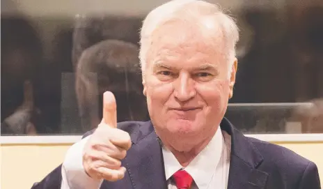  ?? Picture: GETTY IMAGES ?? Former Bosnian Serb military chief Ratko Mladic gives a thumbs up ahead of his sentencing in The Hague.