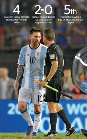  ?? AFP ?? Lionel Messi argues with first assistant referee Emerson Augusto de Carvalho at the end of their World Cup qualifier against Chile. —