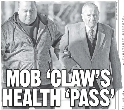  ?? ?? HELPING HAND: Eighty-six-year-old Benjamin “The Claw” Castellazz­o (right) arrives at Brooklyn federal court for sentencing Monday on a money-laundering charge, and got less time than prosecutor­s sought.