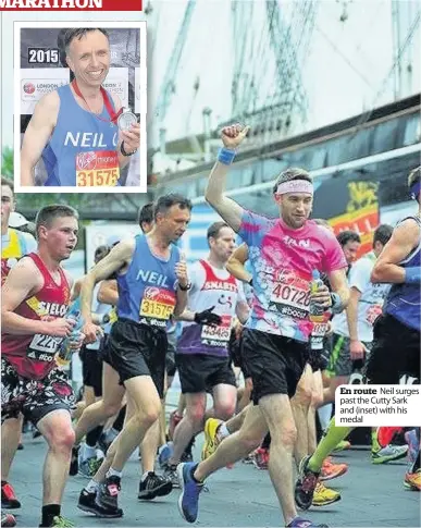  ??  ?? En route Neil surges past the Cutty Sark and (inset) with his medal