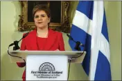  ?? JANE BARLOW — POOL PHOTO VIA AP ?? Scottish leader Nicola Sturgeon speaks during a press conference at Bute House in Edinburgh on Wednesday.