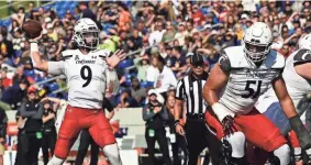  ?? Md. TOMMY GILLIGAN/USA TODAY SPORTS ?? Cincinnati quarterbac­k Desmond Ridder throws from the pocket during a game against Navy on Saturday in Annapolis,