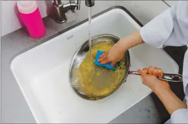  ?? COUTRESY OF KEVIN WHITE AMERICA’S TEST KITCHEN ?? When scrubbing pans, use plastic scrubbers, as metal ones can scratch surfaces. Boiling water can also loosen stuckon food.