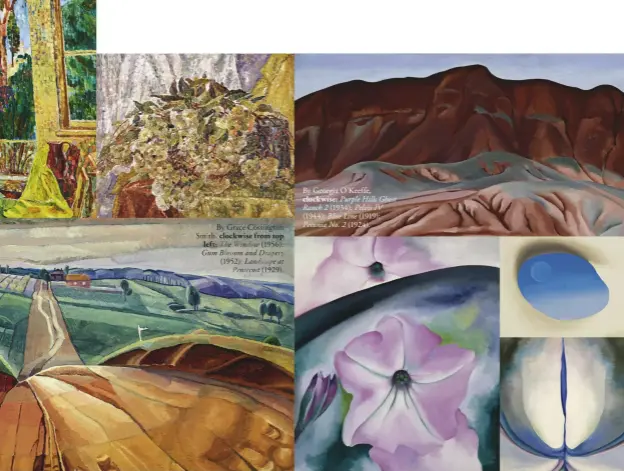  ??  ?? By Grace Cossington Smith, clockwise from top left: The Window (1956); Gum Blossom and Drapery
(1952); Landscape at Pentecost (1929). By Georgia O’Keeffe, clockwise: Purple Hills Ghost Ranch 2 (1934); Pelvis IV (1944); Blue Line (1919); Petunia No. 2...