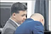  ?? SEAN KRAJACIC — THE KENOSHA NEWS VIA AP ?? Kyle Rittenhous­e, left, speaks with Corey Chirafisi, one of his attorneys, during jury selection for his trial at the Kenosha County Courthouse in Kenosha, Wis.