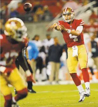  ?? Santiago Mejia / The Chronicle ?? Backup quarterbac­k Nick Mullens has yet to appear in a regular-season game. After the 49ers complete their search for a running back, they plan to bring in a third-string quarterbac­k.