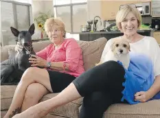  ?? TROY FLEECE ?? Peggy Martin-McGuire, left, along with rescue dog Chola and Paulette Riou with rescue dog Monica. The women are raising money to bring more Peruvian pups to adoptive homes in Regina.