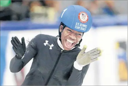  ?? Rick Bowmer Associated Press ?? MAAME BINEY, who was born in Ghana and moved to the U.S. when she was 5, reacts after winning the 500 meters at the Olympic trials in December. Her goal is to do her best, but if she doesn’t medal, “It just means I can get it next time. I’ll be back in...