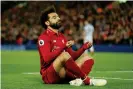  ??  ?? Mohamed Salah after scoring his second and Liverpool’s fifth goal. Photograph: Tom Jenkins/The Guardian