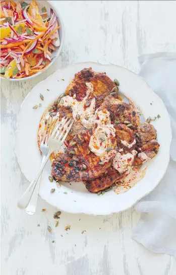  ??  ?? Harissa Pork with Lime, Radish, Carrot and Mint Salad. — From Lemons and Limes, Ursula Ferrigno and Clare Winfield.