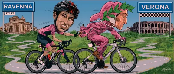  ?? RINALDI ?? Coppia poetica
La maglia rosa Egan Bernal pedala “virtualmen­te” insieme a Dante sul percorso della 13a tappa del Giro d’Italia da Ravenna a Verona
