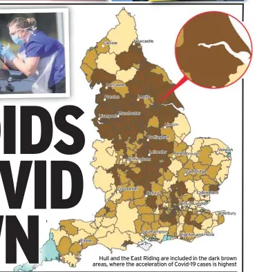  ??  ?? Hull and the East Riding are included in the dark brown areas, where the accelerati­on of Covid-19 cases is highest