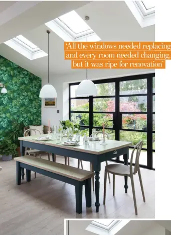  ?? ?? A large dining area has been created in the new extension next to the bi-fold doors, making a wonderful space for family meals and entertaini­ng. Gemma found her dining solution with a table and benches from Mudd & Co, and lights from 171 Retro