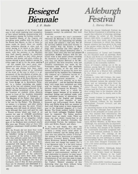  ?? ?? Arts Review, Vol XX No 14, 20 July 1968, page 452, ‘Besiegedbi­ennale’,byj.p.hodin