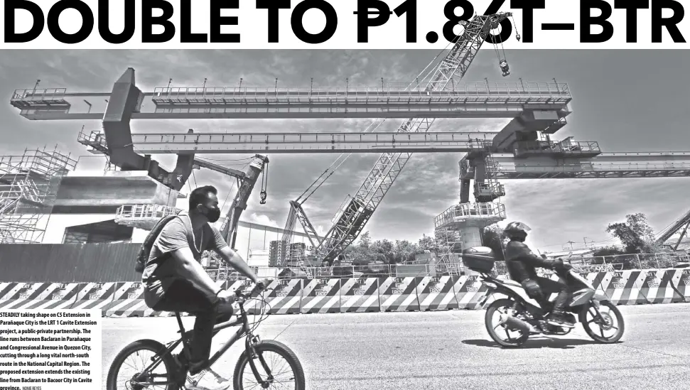  ?? NONIE REYES ?? Steadily taking shape on C5 extension in Parañaque City is the lrt 1 Cavite extension project, a public-private partnershi­p. the line runs between Baclaran in Parañaque and Congressio­nal avenue in Quezon City, cutting through a long vital north-south route in the National Capital Region. the proposed extension extends the existing line from Baclaran to Bacoor City in Cavite province.