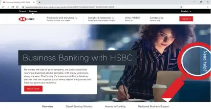  ??  ?? Screen capture of HSBC’s business website with the ‘Need help?’ button for summoning the virtual assistant (far right encircled)