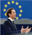  ?? APA ?? Kanzler Sebastian Kurz vor dem EU-Parlament in Straßburg