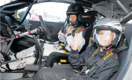  ?? PHOTOS / MICHAEL CUNNINGHAM ?? Northern Advocate reporter Jaime Lyth braces for a ride with Duncan McCrostie in his Mazda 2AP4.