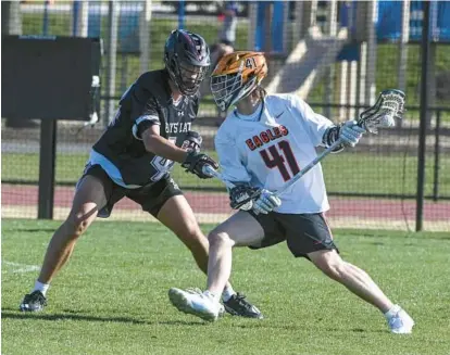  ?? RICHARDSON/BALTIMORE SUN KEVIN ?? No. 1 McDonogh’s Brendan Millon, right, winds up to shoot against Boys’ Latin’s Kyle Foster in the first quarter of Tuesday’s game.