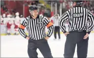  ?? Ned and Annie Dykes / Contribute­d via Bryan Hicks ?? Orange native Bryan Hicks, left, has been a ref for more than 400 NCAA Division I hockey games for men and women over 11 years.