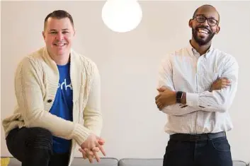  ?? Leila Navidi/Minneapoli­s Star Tribune ?? John Boss, left, and James Jones are the founders of Spark DJ, a new app that event hosts can personaliz­e to simulate a live disc jockey.