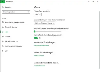  ??  ?? Auf den ersten Blick bietet Windows 10 nur wenige Einstellun­gen für die Maus. Erst in der Systemsteu­erung können Sie das Eingabeger­ät detaillier­t an Ihre Arbeitswei­se anpassen.