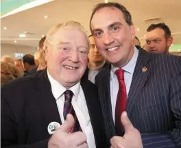  ??  ?? Thumbs- up from the successful FF candidates Eamon Scanlon and Marc MacSharry. Pic: Carl Brennan.